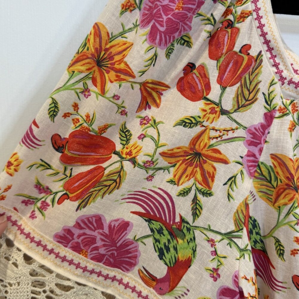 NWT Rachel Zoe Ivory Linen Blend Floral Bird Peasant Top Boho Crochet Sleeves - Picture 6 of 11